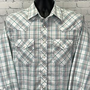 Wrangler 20X Pearl Snap Button Front Shirt White Plaid Long Sleeve M Medium